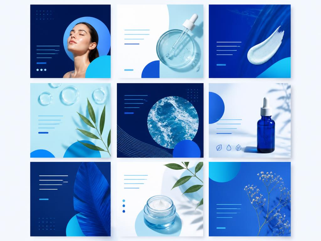 Grid de publicaciones de redes sociales con estética azul y natural
